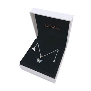 Pandora Silver Butterfly Necklace with Blue and Iridescent Accents